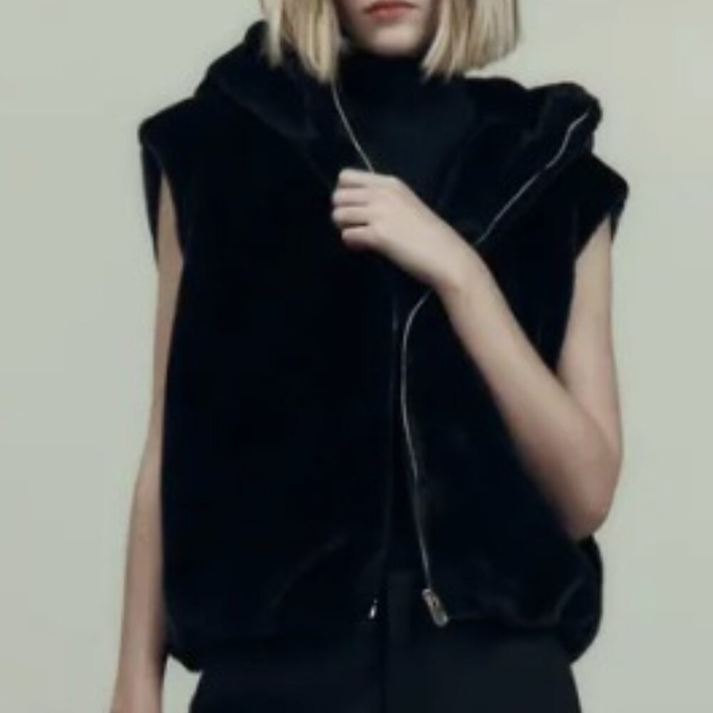 Zara Faux Fur Vest with Hood - Black